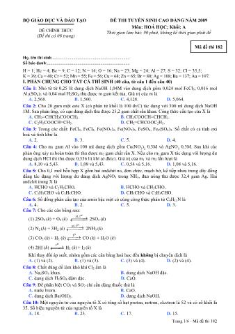 Đề thi tuyển sinh Đại học, Cao đẳng môn Hóa học - Khối A - Mã đề: 182 - Năm học 2009 (Có đáp án)