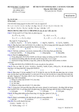 Đề thi tuyển sinh Đại học, Cao đẳng môn Hóa học - Khối A - Mã đề: 931 - Năm học 2008 (Có đáp án)