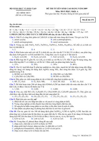 Đề thi tuyển sinh Đại học, Cao đẳng môn Hóa học - Khối A - Mã đề: 275 - Năm học 2009 (Có đáp án)