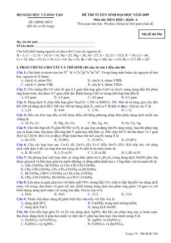 Đề thi tuyển sinh Đại học, Cao đẳng môn Hóa học - Khối A - Mã đề: 596 - Năm học 2009 (Có đáp án)