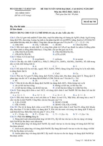 Đề thi tuyển sinh Đại học, Cao đẳng môn Hóa học - Khối A - Mã đề: 748 - Năm học 2007 (Có đáp án)