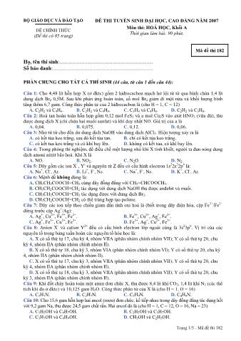 Đề thi tuyển sinh Đại học, Cao đẳng môn Hóa học - Khối A - Mã đề: 182 - Năm học 2007 (Có đáp án)