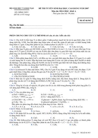 Đề thi tuyển sinh Đại học, Cao đẳng môn Hóa học - Khối A - Mã đề: 863 - Năm học 2007 (Có đáp án)