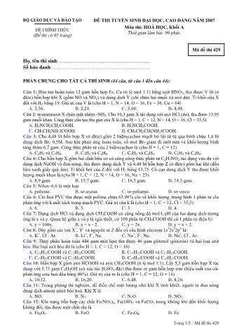 Đề thi tuyển sinh Đại học, Cao đẳng môn Hóa học - Khối A - Mã đề: 429 - Năm học 2007 (Có đáp án)