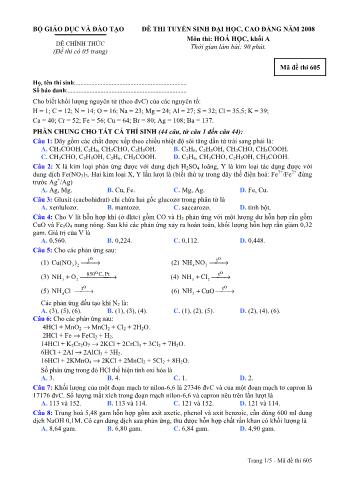 Đề thi tuyển sinh Đại học, Cao đẳng môn Hóa học - Khối A - Mã đề: 605 - Năm học 2008 (Có đáp án)