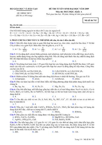 Đề thi tuyển sinh Đại học, Cao đẳng môn Hóa học - Khối A - Mã đề: 742 - Năm học 2009 (Có đáp án)