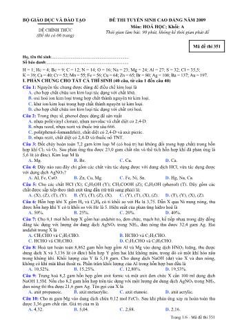 Đề thi tuyển sinh Đại học, Cao đẳng môn Hóa học - Khối A - Mã đề: 351 - Năm học 2009 (Có đáp án)