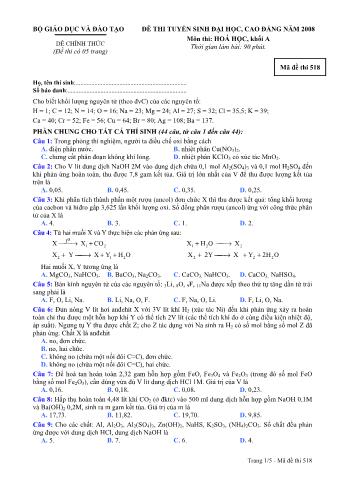 Đề thi tuyển sinh Đại học, Cao đẳng môn Hóa học - Khối A - Mã đề: 518 - Năm học 2008 (Có đáp án)