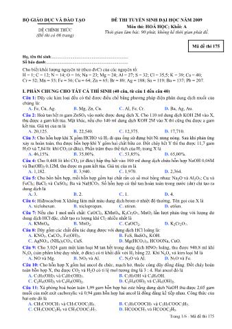 Đề thi tuyển sinh Đại học, Cao đẳng môn Hóa học - Khối A - Mã đề: 175 - Năm học 2009 (Có đáp án)