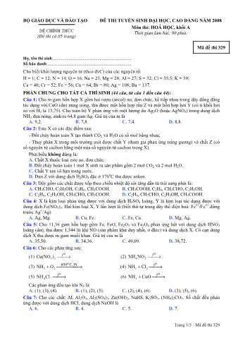 Đề thi tuyển sinh Đại học, Cao đẳng môn Hóa học - Khối A - Mã đề: 329 - Năm học 2008 (Có đáp án)