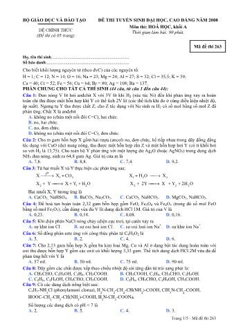 Đề thi tuyển sinh Đại học, Cao đẳng môn Hóa học - Khối A - Mã đề: 263 - Năm học 2008 (Có đáp án)