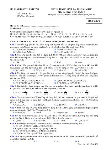 Đề thi tuyển sinh Đại học, Cao đẳng môn Hóa học - Khối A - Mã đề: 438 - Năm học 2009 (Có đáp án)