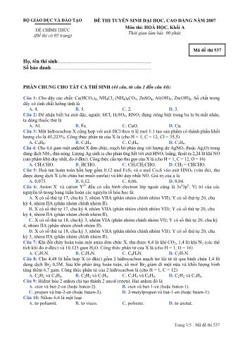 Đề thi tuyển sinh Đại học, Cao đẳng môn Hóa học - Khối A - Mã đề: 537 - Năm học 2007 (Có đáp án)