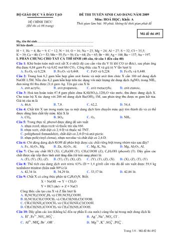 Đề thi tuyển sinh Đại học, Cao đẳng môn Hóa học - Khối A - Mã đề: 492 - Năm học 2009 (Có đáp án)