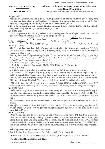 Đề thi tuyển sinh Đại học, Cao đẳng môn Hóa học - Khối A - Năm học 2005 (Có đáp án)