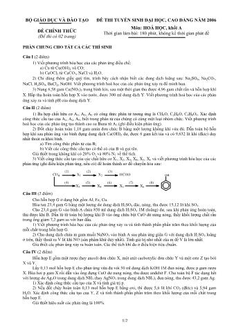 Đề thi tuyển sinh Đại học, Cao đẳng môn Hóa học - Khối A - Năm học 2006 (Có đáp án)