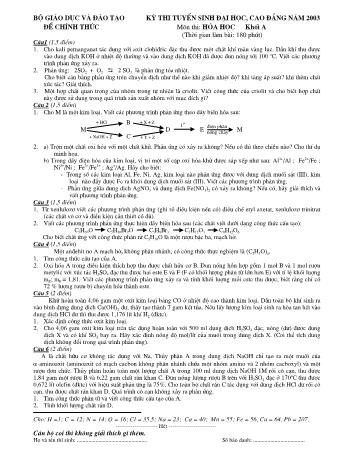 Đề thi tuyển sinh Đại học, Cao đẳng môn Hóa học - Khối A - Năm học 2003 (Có đáp án)