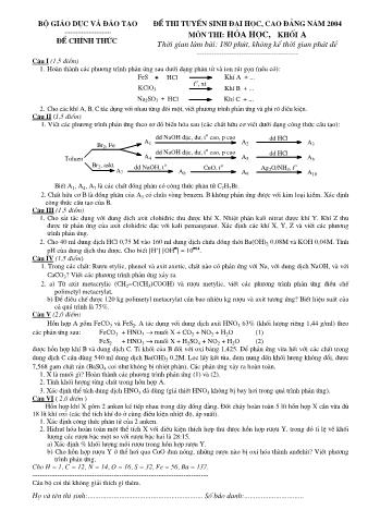 Đề thi tuyển sinh Đại học, Cao đẳng môn Hóa học - Khối A - Năm học 2004 (Có đáp án)