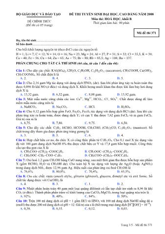 Đề thi tuyển sinh Đại học, Cao đẳng môn Hóa học - Khối B - Mã đề: 371 - Năm học 2008 (Có đáp án)