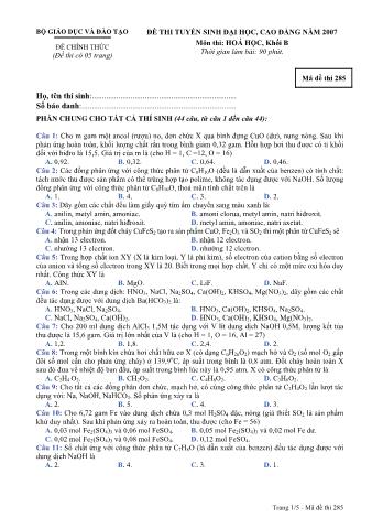 Đề thi tuyển sinh Đại học, Cao đẳng môn Hóa học - Khối B - Mã đề: 285 - Năm học 2007 (Có đáp án)