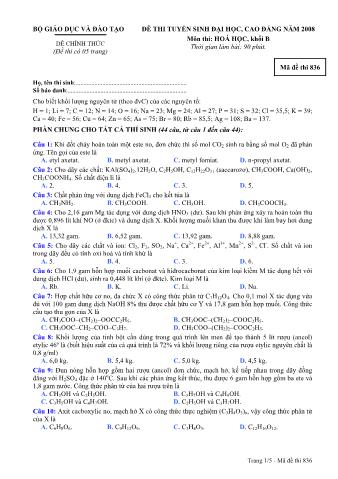 Đề thi tuyển sinh Đại học, Cao đẳng môn Hóa học - Khối B - Mã đề: 836 - Năm học 2008 (Có đáp án)