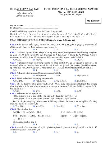 Đề thi tuyển sinh Đại học, Cao đẳng môn Hóa học - Khối B - Mã đề: 659 - Năm học 2008 (Có đáp án)