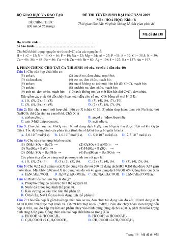 Đề thi tuyển sinh Đại học, Cao đẳng môn Hóa học - Khối B - Mã đề: 958 - Năm học 2009 (Có đáp án)