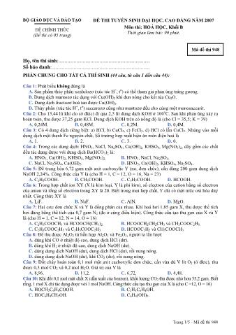 Đề thi tuyển sinh Đại học, Cao đẳng môn Hóa học - Khối B - Mã đề: 948 - Năm học 2007 (Có đáp án)