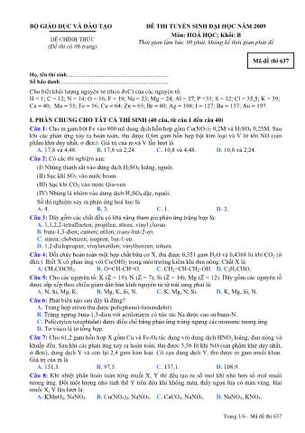 Đề thi tuyển sinh Đại học, Cao đẳng môn Hóa học - Khối B - Mã đề: 637 - Năm học 2009 (Có đáp án)