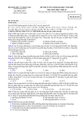 Đề thi tuyển sinh Đại học, Cao đẳng môn Hóa học - Khối B - Mã đề: 269 - Năm học 2009 (Có đáp án)