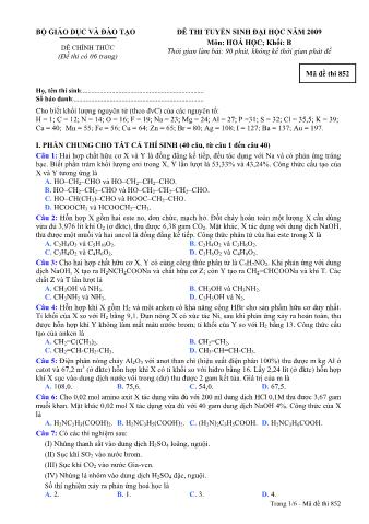 Đề thi tuyển sinh Đại học, Cao đẳng môn Hóa học - Khối B - Mã đề: 852 - Năm học 2009 (Có đáp án)