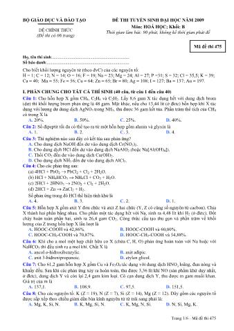 Đề thi tuyển sinh Đại học, Cao đẳng môn Hóa học - Khối B - Mã đề: 475 - Năm học 2009 (Có đáp án)