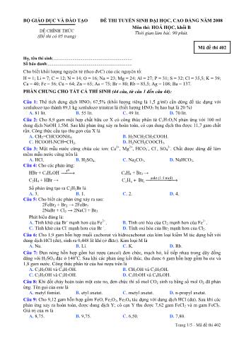 Đề thi tuyển sinh Đại học, Cao đẳng môn Hóa học - Khối B - Mã đề: 402 - Năm học 2008 (Có đáp án)