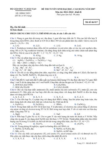 Đề thi tuyển sinh Đại học, Cao đẳng môn Hóa học - Khối B - Mã đề: 817 - Năm học 2007 (Có đáp án)