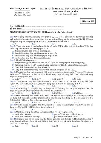 Đề thi tuyển sinh Đại học, Cao đẳng môn Hóa học - Khối B - Mã đề: 503 - Năm học 2007 (Có đáp án)