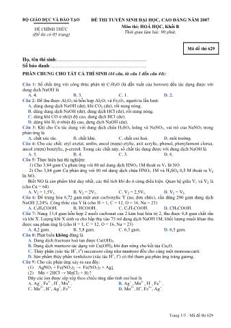 Đề thi tuyển sinh Đại học, Cao đẳng môn Hóa học - Khối B - Mã đề: 629 - Năm học 2007 (Có đáp án)