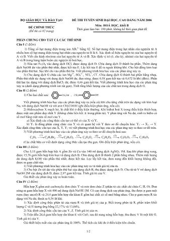 Đề thi tuyển sinh Đại học, Cao đẳng môn Hóa học - Khối B - Năm học 2006 (Có đáp án)