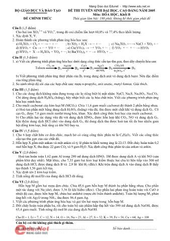 Đề thi tuyển sinh Đại học, Cao đẳng môn Hóa học - Khối B - Năm học 2005 (Có đáp án)