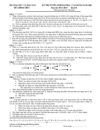 Đề thi tuyển sinh Đại học, Cao đẳng môn Hóa học - Khối B - Năm học 2003 (Có đáp án)