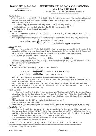Đề thi tuyển sinh Đại học, Cao đẳng môn Hóa học - Khối B - Năm học 2004 (Có đáp án)