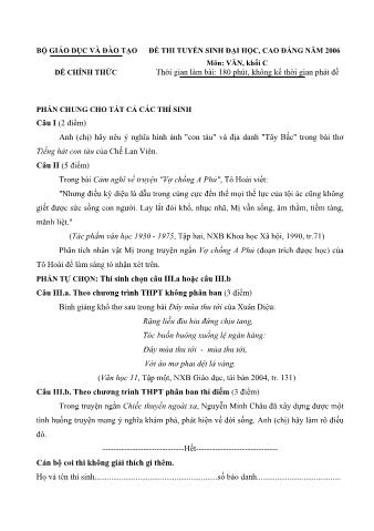 Đề thi tuyển sinh Đại học, Cao đẳng môn Ngữ văn - Khối C - Năm học 2006 (Có đáp án)
