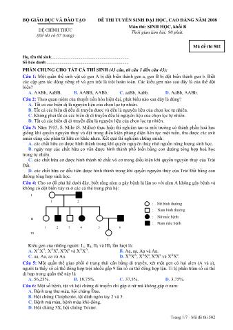 Đề thi tuyển sinh Đại học, Cao đẳng môn Sinh học - Khối B - Mã đề: 502 - Năm học 2008 (Có đáp án)