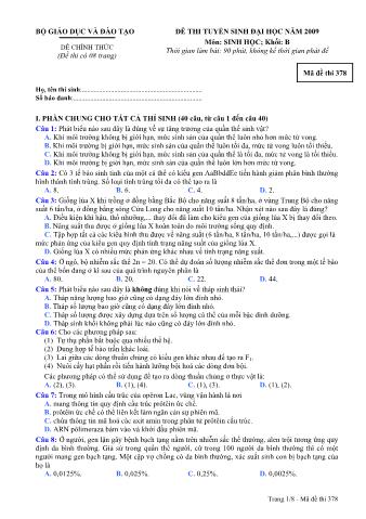 Đề thi tuyển sinh Đại học, Cao đẳng môn Sinh học - Khối B - Mã đề: 378 - Năm học 2009 (Có đáp án)