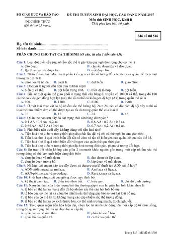 Đề thi tuyển sinh Đại học, Cao đẳng môn Sinh học - Khối B - Mã đề: 546 - Năm học 2007 (Có đáp án)