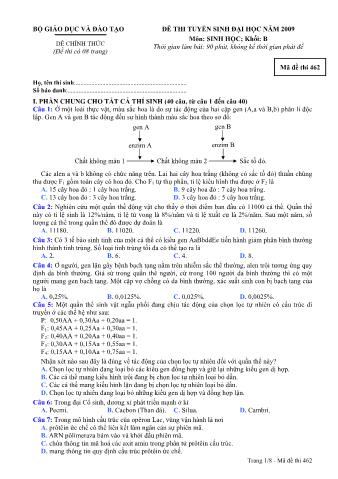 Đề thi tuyển sinh Đại học, Cao đẳng môn Sinh học - Khối B - Mã đề: 462 - Năm học 2009 (Có đáp án)