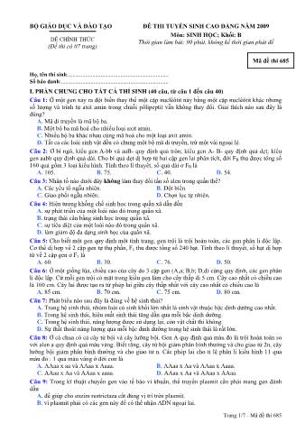 Đề thi tuyển sinh Đại học, Cao đẳng môn Sinh học - Khối B - Mã đề: 685 - Năm học 2009 (Có đáp án)