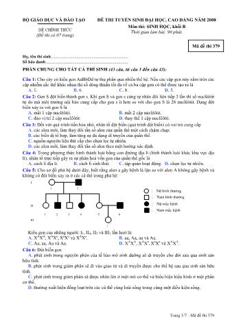 Đề thi tuyển sinh Đại học, Cao đẳng môn Sinh học - Khối B - Mã đề: 379 - Năm học 2008 (Có đáp án)