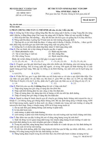 Đề thi tuyển sinh Đại học, Cao đẳng môn Sinh học - Khối B - Mã đề: 827 - Năm học 2009 (Có đáp án)