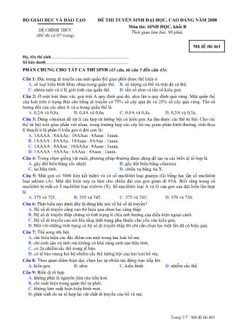Đề thi tuyển sinh Đại học, Cao đẳng môn Sinh học - Khối B - Mã đề: 461 - Năm học 2008 (Có đáp án)
