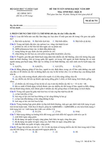 Đề thi tuyển sinh Đại học, Cao đẳng môn Sinh học - Khối B - Mã đề: 754 - Năm học 2009 (Có đáp án)